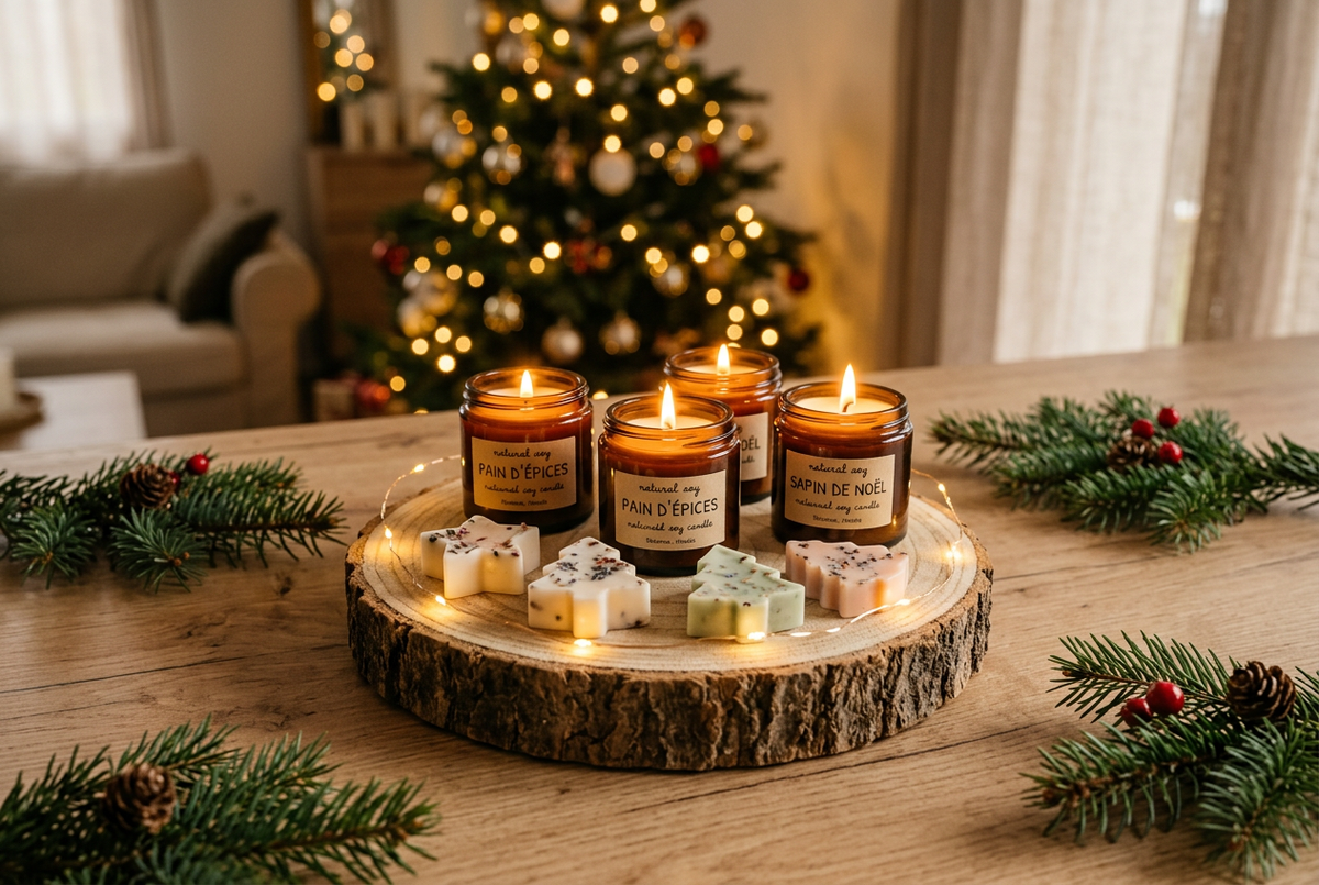 Image de Noël chaleureuse avec bougies allumées et fondants sur bois clair