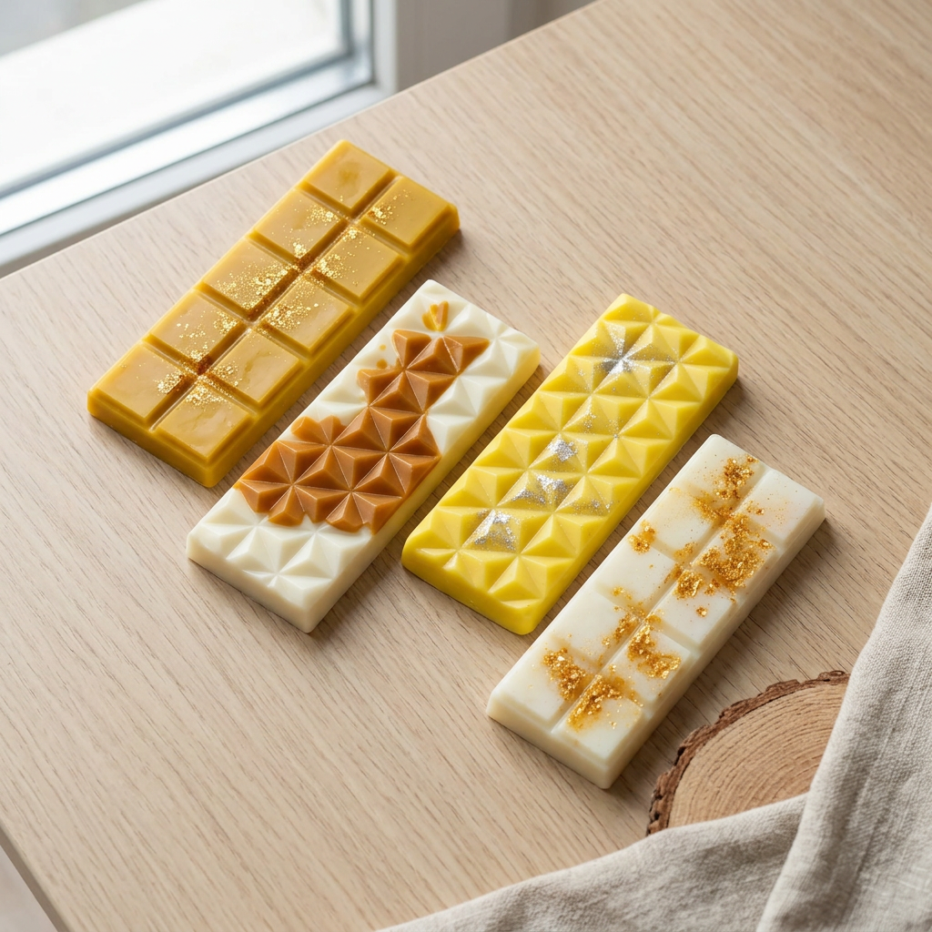 Quatre tablettes de fondants parfumés jaunes et ivoire, décorées de touches dorées et argentées, sur une table en bois clair.