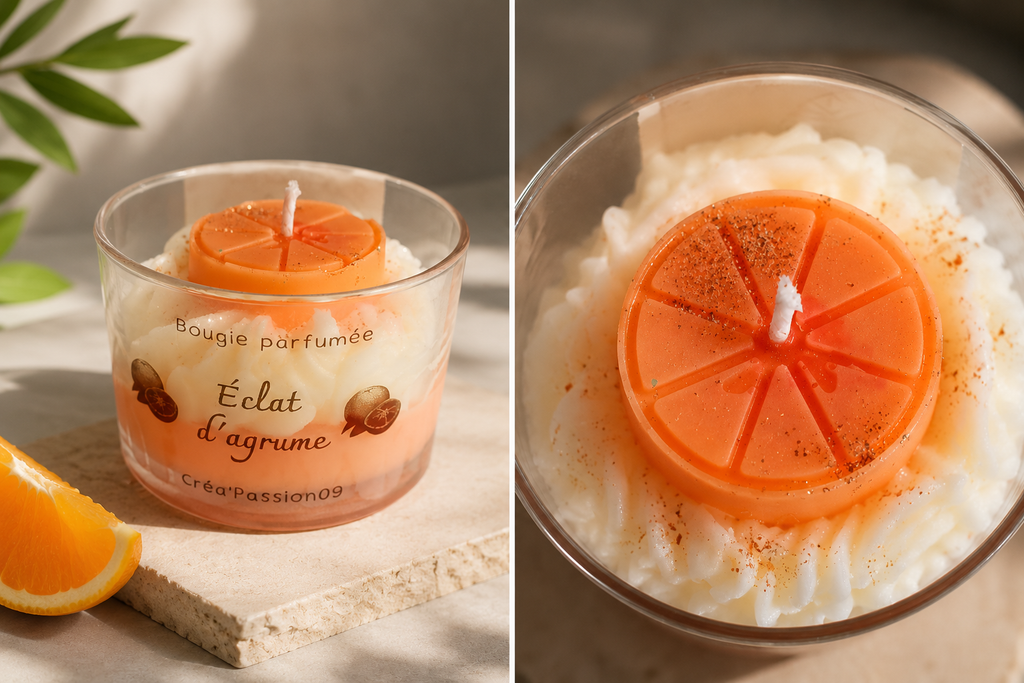  Bougie parfumée aux agrumes Créa’Passion09 dans un pot en verre réutilisable, avec mèche en coton.