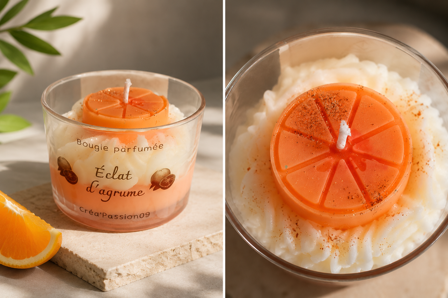  Bougie parfumée aux agrumes Créa’Passion09 dans un pot en verre réutilisable, avec mèche en coton.