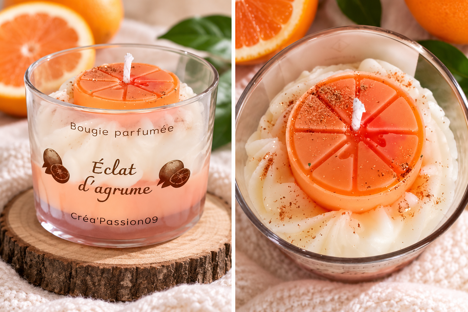 Bougie Éclat d’Agrumes en cire de soja naturelle, parfumée au citron, pamplemousse et orange, fabriquée en France.