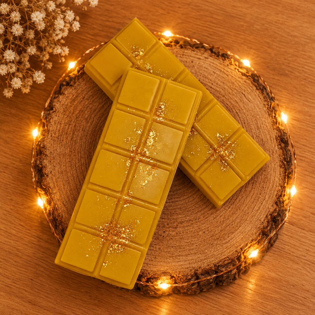 Deux tablettes de fondant Café Viennois jaunes et pailletées, croisées sur un rondin et photographiées du dessus.