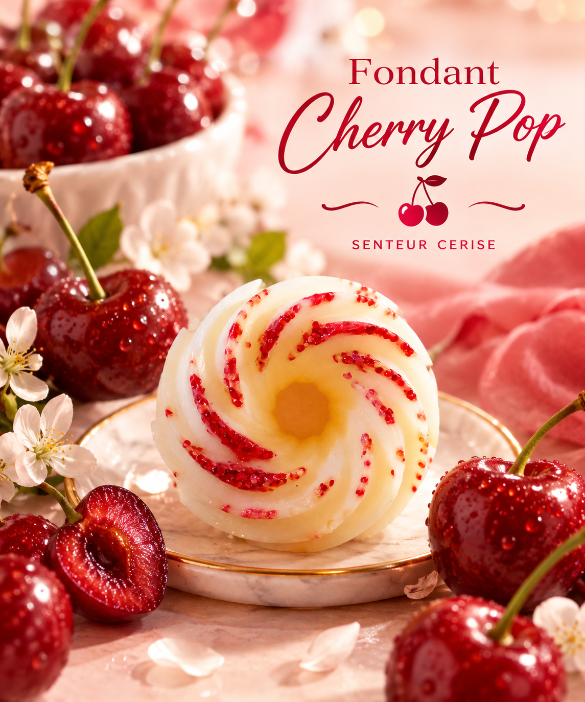 Fondant parfumé Cherry Pop senteur cerise, en forme de fleur, posé sur une coupelle blanche et entouré de cerises rouges et de fleurs blanches.⠋

