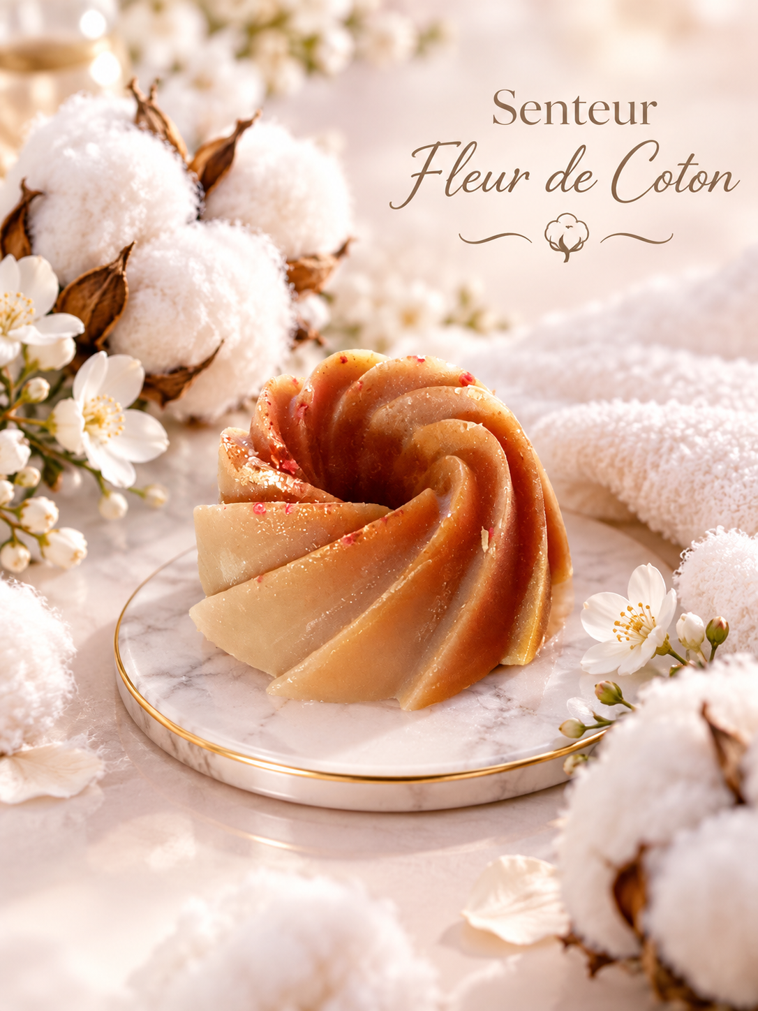 Fondant parfumé Fleur de Coton en forme de fleur, posé sur une coupelle blanche et entouré de fleurs blanches et de coton.