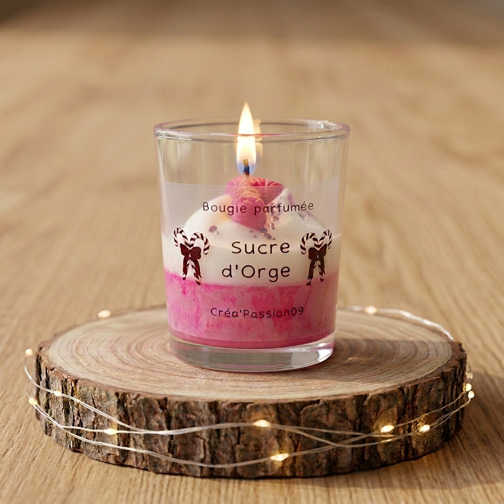  Bougie parfumée Sucre d’Orge allumée, posée sur un rondin avec une guirlande lumineuse, sur un plan de travail en bois clair.