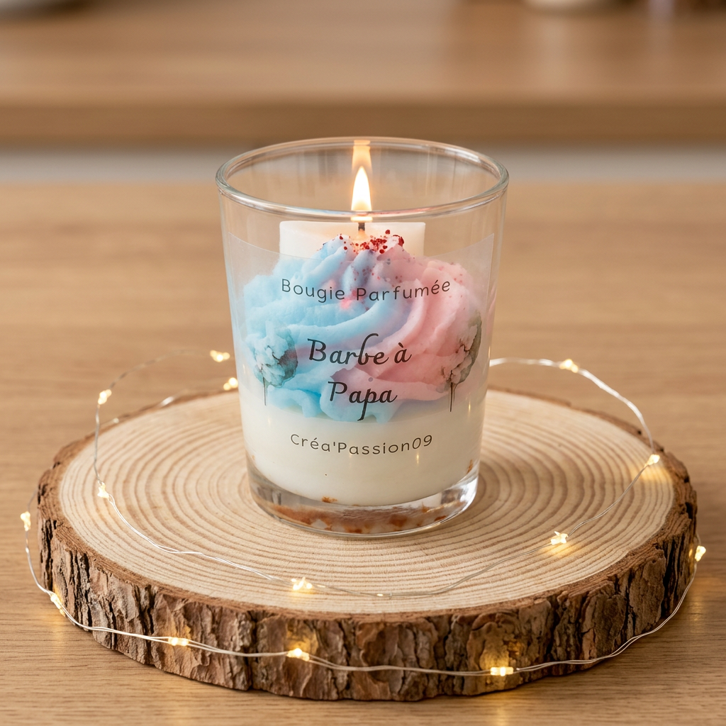 Bougie parfumée Barbe à Papa allumée, à la cire blanche, bleue et rose, sur un rondin entouré d’une guirlande lumineuse.