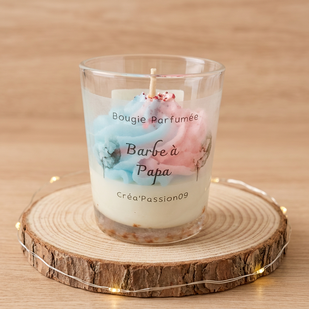  Bougie Barbe à Papa dans un verre transparent, avec une décoration en cire bleue et rose, sur un rondin avec une guirlande lumineuse.