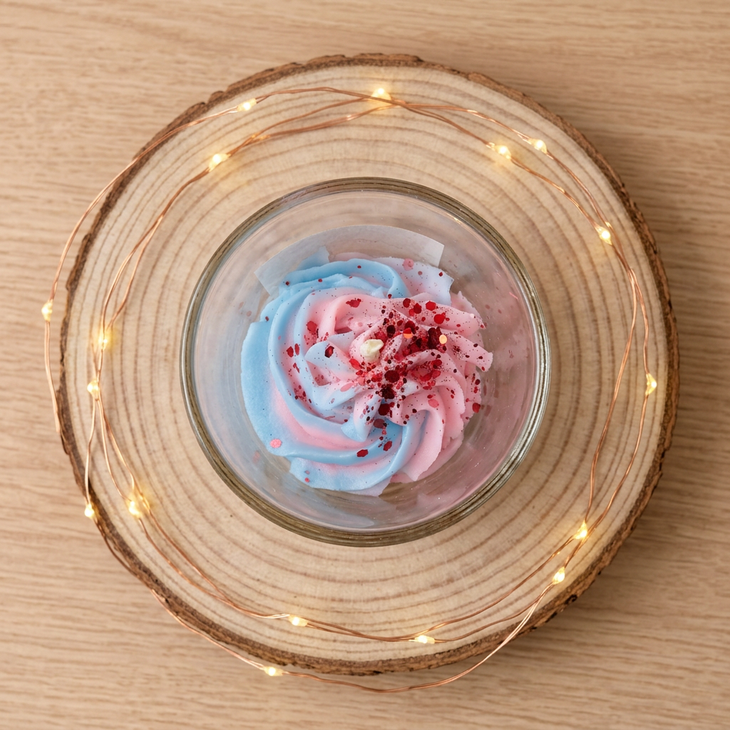  Bougie Barbe à Papa vue du dessus, avec une spirale de cire bleue et rose parsemée de paillettes rouges, sur un rondin de bois.

