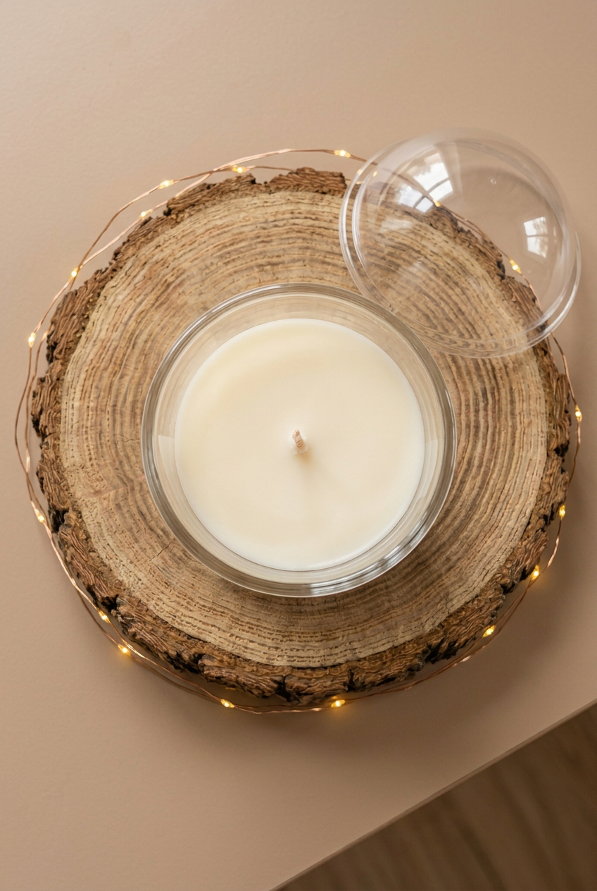 Bougie Bye Bye Les Mosquitos vue de dessus, cire ivoire lisse et mèche éteinte, sur un rondin avec guirlande lumineuse et dôme à côté.