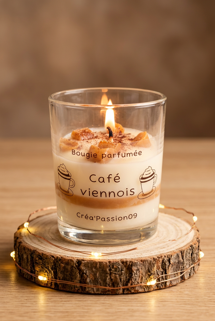  « Bougie Café viennois allumée dans un verre transparent, cire ivoire et bande caramel, sur un rondin entouré d’une guirlande lumineuse. »
