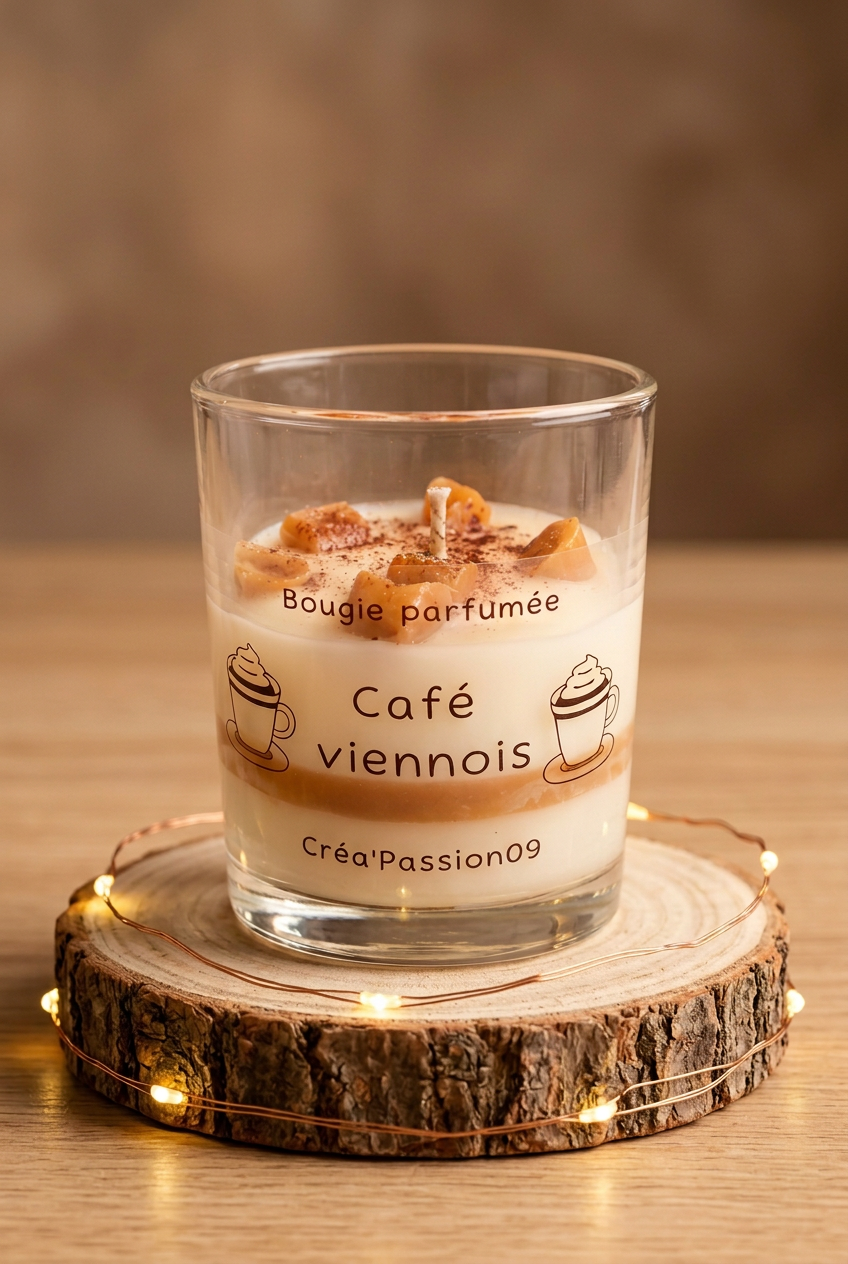 « Bougie Café viennois éteinte dans un verre transparent marqué Créa’Passion09, sur un rondin entouré d’une guirlande allumée. »