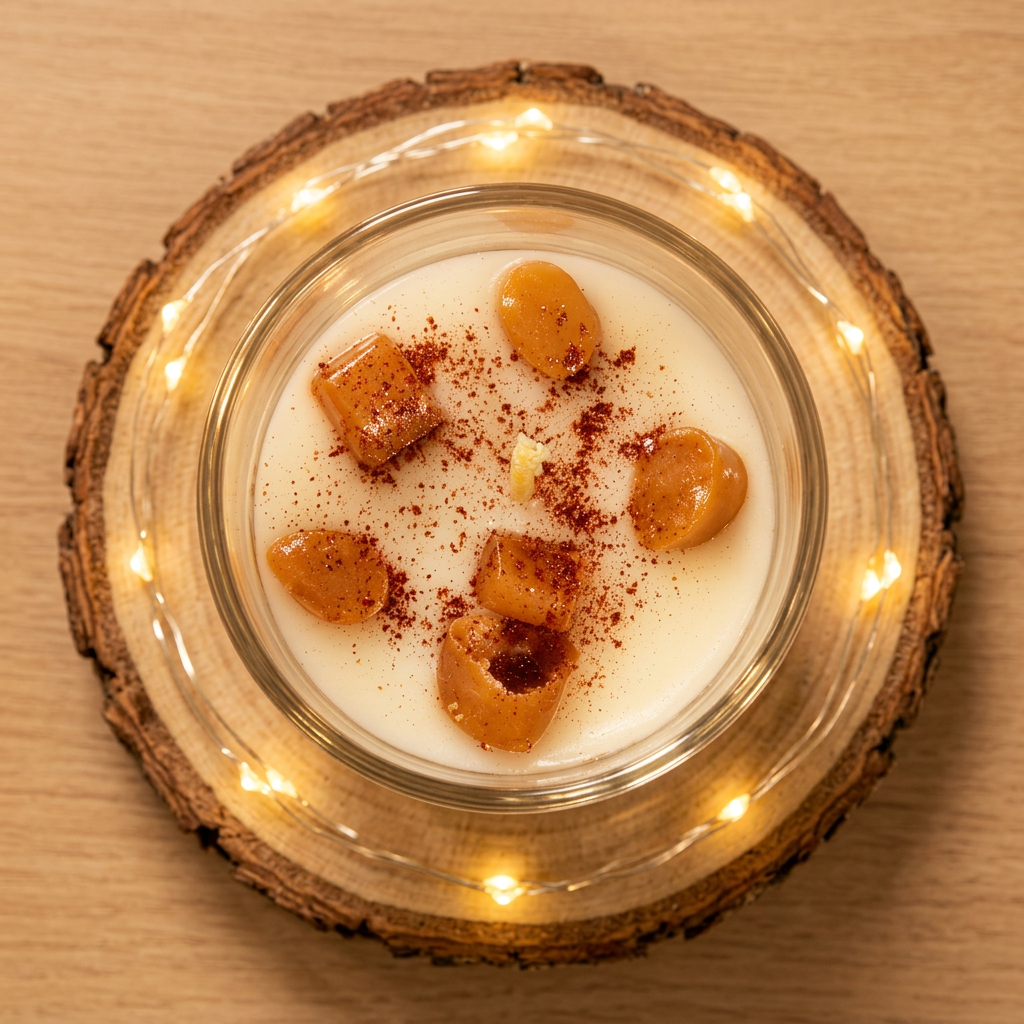 « Vue du dessus de la bougie Café viennois éteinte, cire ivoire et décors couleur caramel, sur un rondin entouré d’une guirlande allumée. »