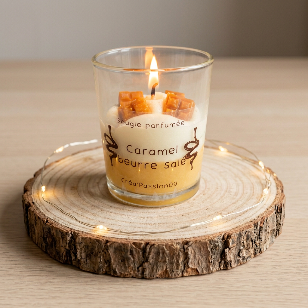 Bougie parfumée Caramel beurre salé allumée dans un verre transparent, sur un rondin avec une petite guirlande lumineuse.