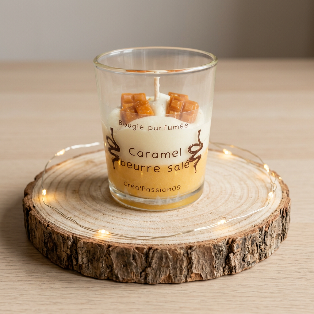 Bougie Caramel beurre salé à la cire jaune et blanche, décorée de carrés couleur caramel, sur un rondin entouré d’une guirlande lumineuse.