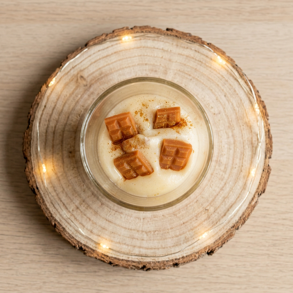 Bougie Caramel beurre salé vue du dessus, avec quatre carrés décoratifs et des paillettes dorées sur la cire blanche, sur un rondin de bois.