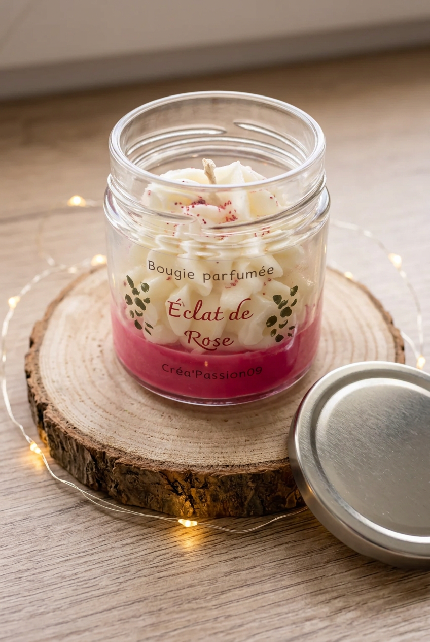 Bougie Éclat de Rose éteinte en pot de verre, cire fuchsia et ivoire pochée, couvercle argenté à côté, sur un rondin avec guirlande.