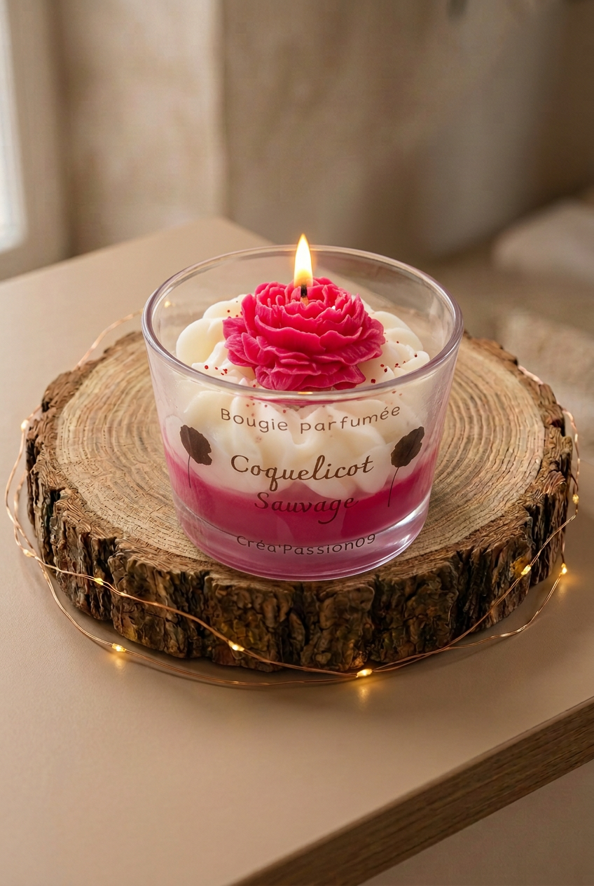 Bougie Coquelicot Sauvage allumée en verre, décorée d’une fleur de cire fuchsia, sur un rondin entouré d’une guirlande lumineuse.