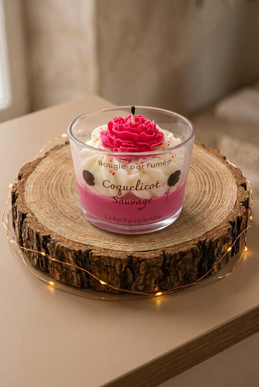  Bougie Coquelicot Sauvage éteinte en verre, cire rose et ivoire surmontée d’une fleur fuchsia, sur un rondin avec guirlande lumineuse.