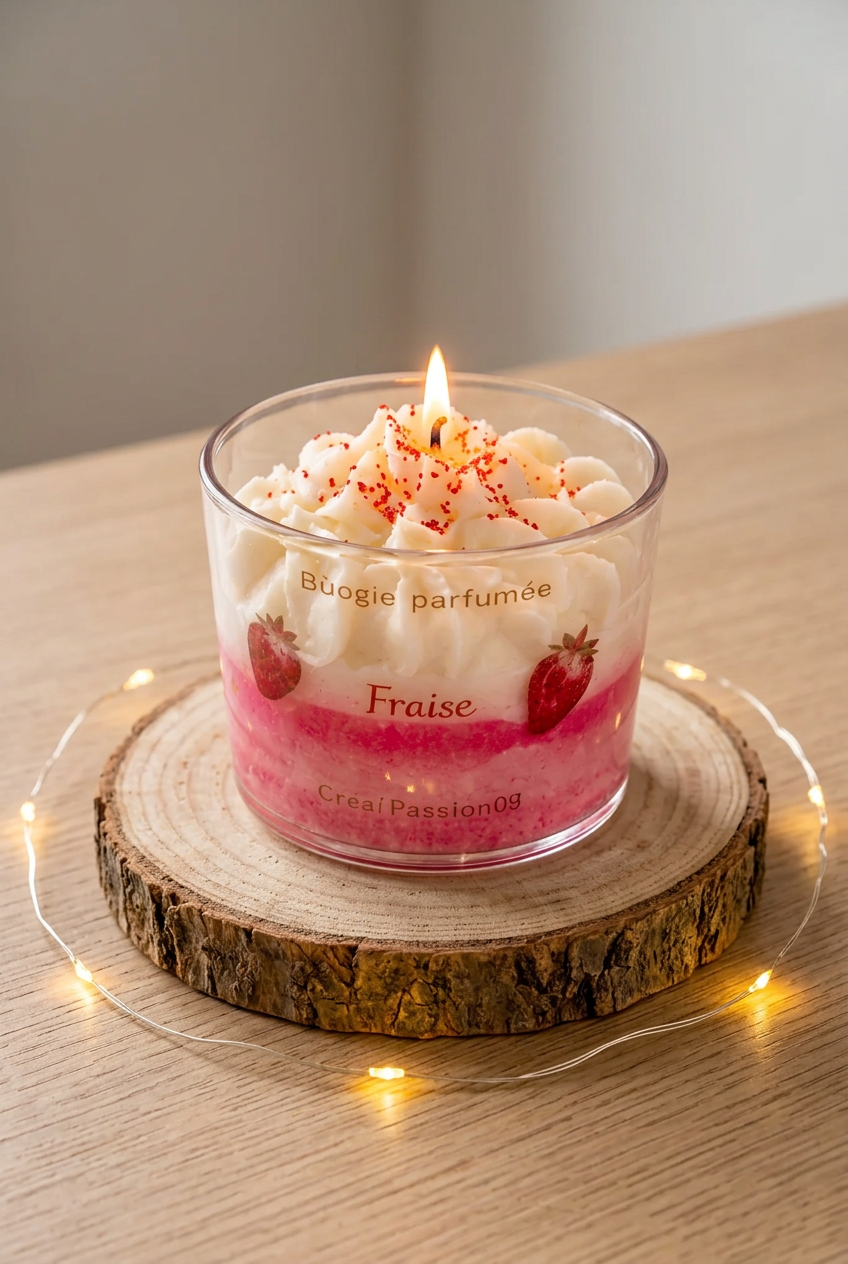 Bougie Délice de Fraises allumée, cire rose et ivoire pochée aux éclats rouges, sur un rondin entouré d’une guirlande lumineuse.