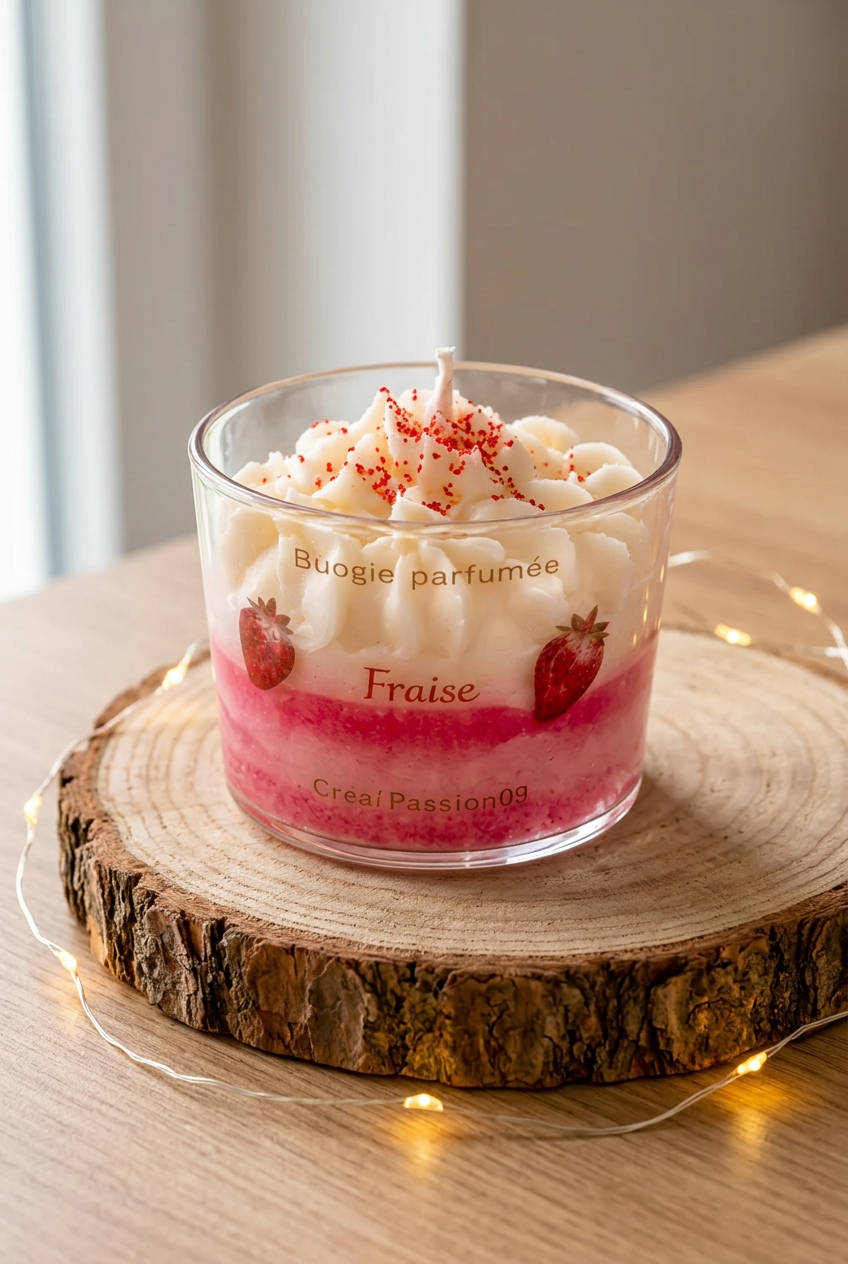 Bougie Délice de Fraises éteinte, cire rose marbrée et dessus ivoire poché aux éclats rouges, sur un rondin avec guirlande lumineuse.