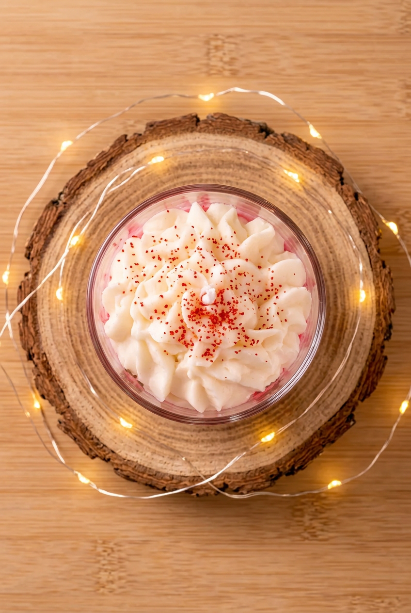  Bougie Délice de Fraises vue de dessus, cire ivoire pochée parsemée d’éclats rouges, sur un rondin avec guirlande lumineuse