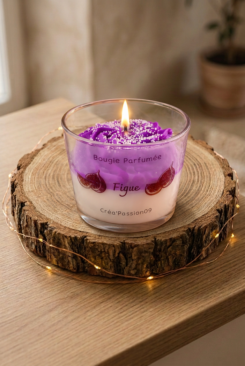  Bougie parfumée Figue allumée, cire ivoire et violette dans un verre, sur un rondin de bois entouré d’une guirlande lumineuse
