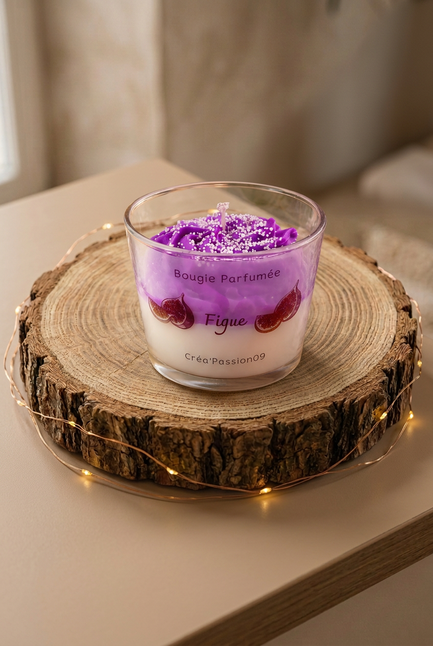 Bougie parfumée Figue en verre, cire ivoire et violette décorée de petites perles, sur un rondin de bois entouré d’une guirlande lumineuse.