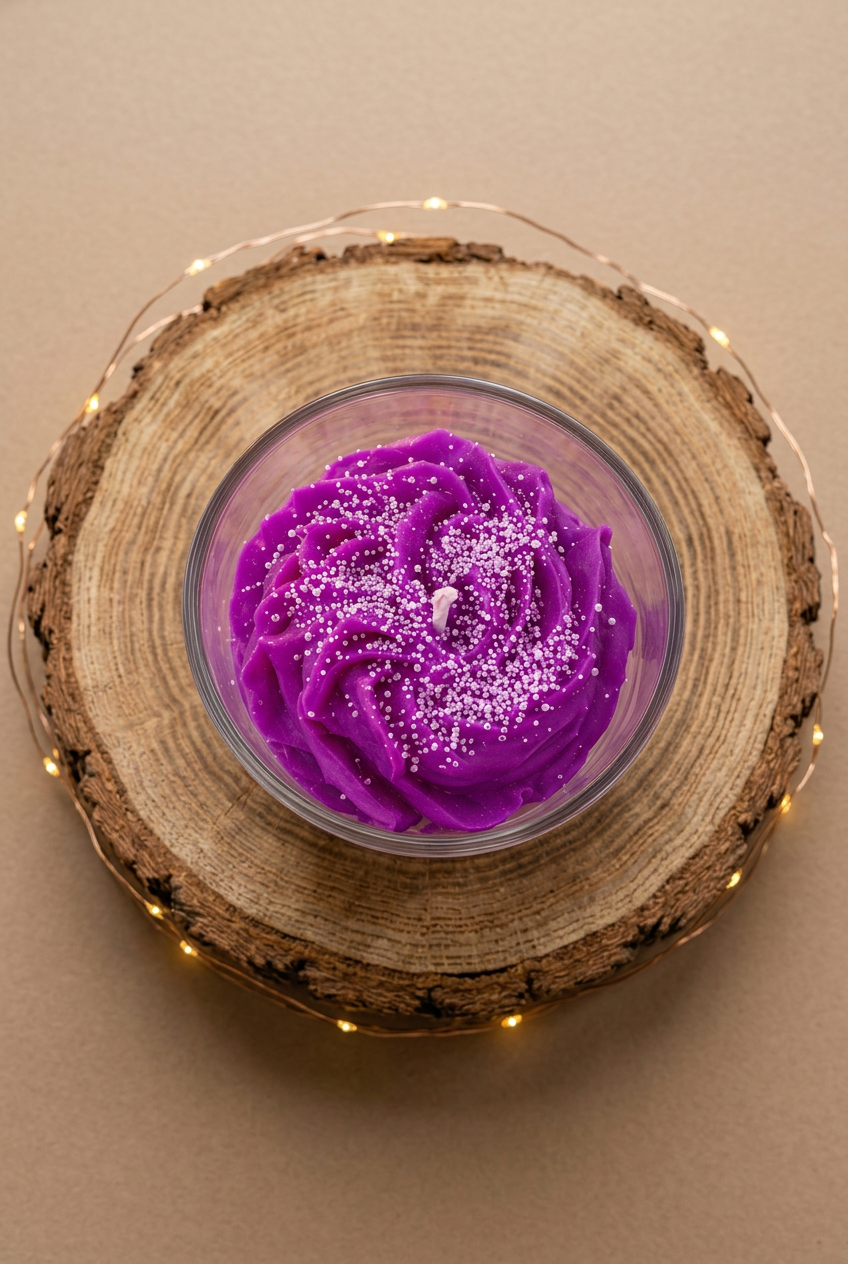 : Bougie parfumée Figue vue de dessus, cire violette en rosaces parsemée de petites perles claires, sur un rondin entouré d’une guirlande lumineuse.