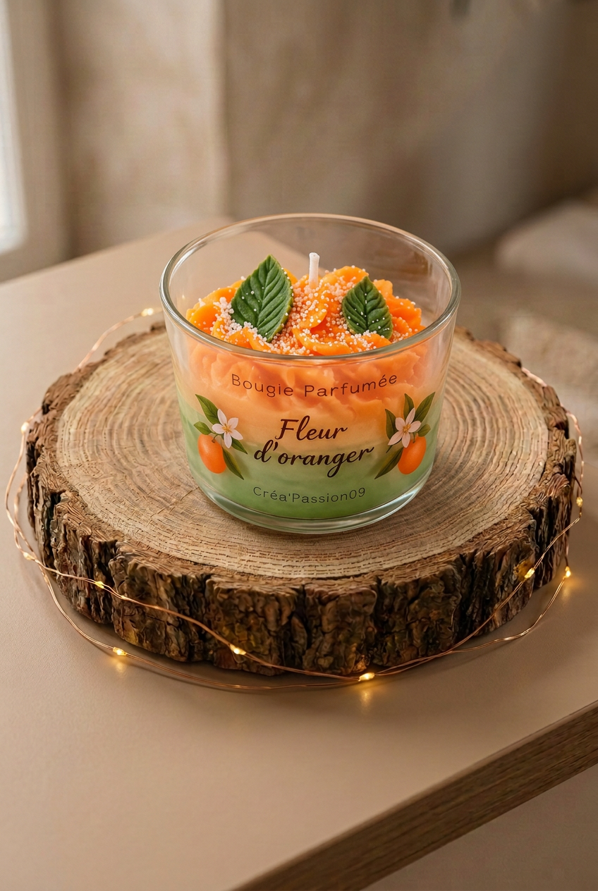 Bougie parfumée Fleur d’oranger en verre, cire orange et feuilles vertes décoratives, sur un rondin entouré d’une guirlande lumineuse.