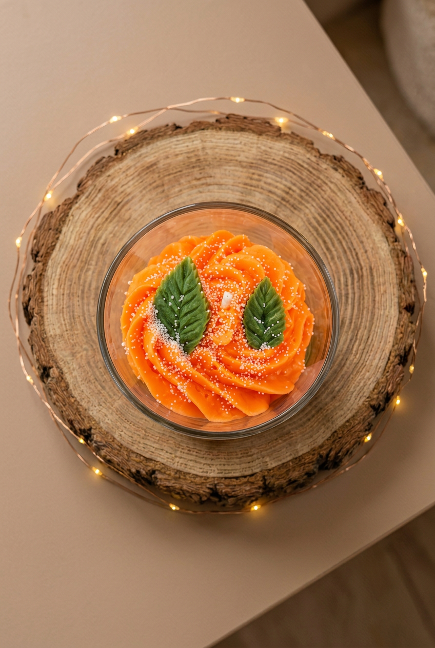 Bougie Fleur d’oranger vue de dessus, cire orange en rosaces, deux feuilles vertes et petites perles blanches, sur un rondin avec guirlande lumineuse.