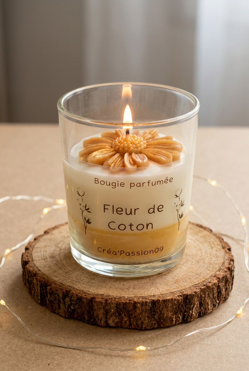  Bougie Fleur de Coton allumée en verre, décorée d’une fleur de cire dorée, sur un rondin entouré d’une guirlande lumineuse.