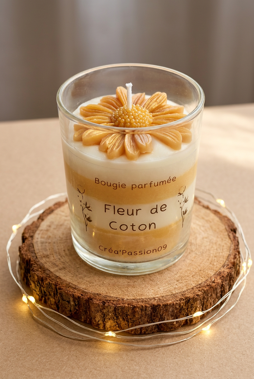 Bougie Fleur de Coton éteinte en verre, cire ivoire et dorée surmontée d’une fleur dorée, sur un rondin avec guirlande lumineuse.