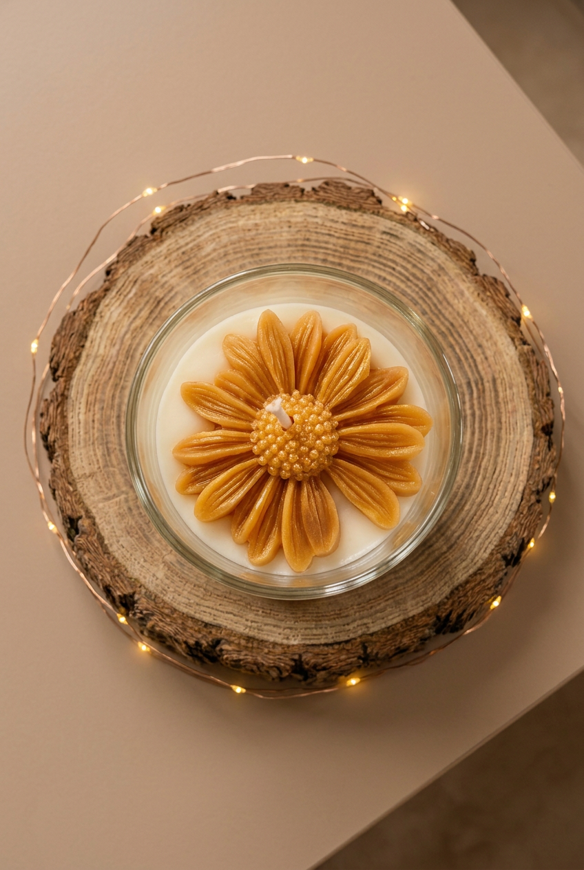 Bougie Fleur de Coton vue de dessus, fleur de cire dorée aux pétales rainurés sur fond ivoire, sur un rondin avec guirlande lumineuse.