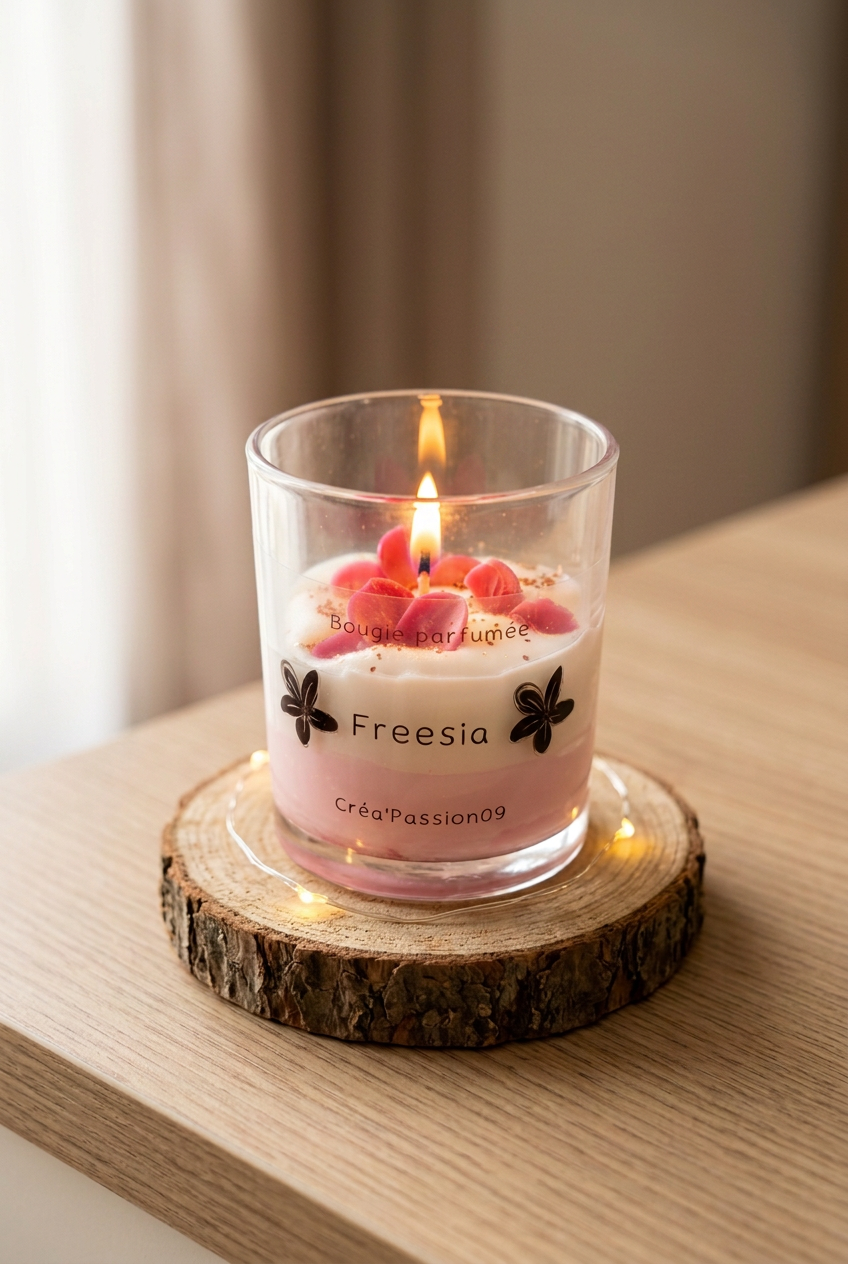 Bougie parfumée Freesia allumée, vue de face en verre transparent, avec décorations roses, sur un rondin entouré d’une guirlande lumineuse.