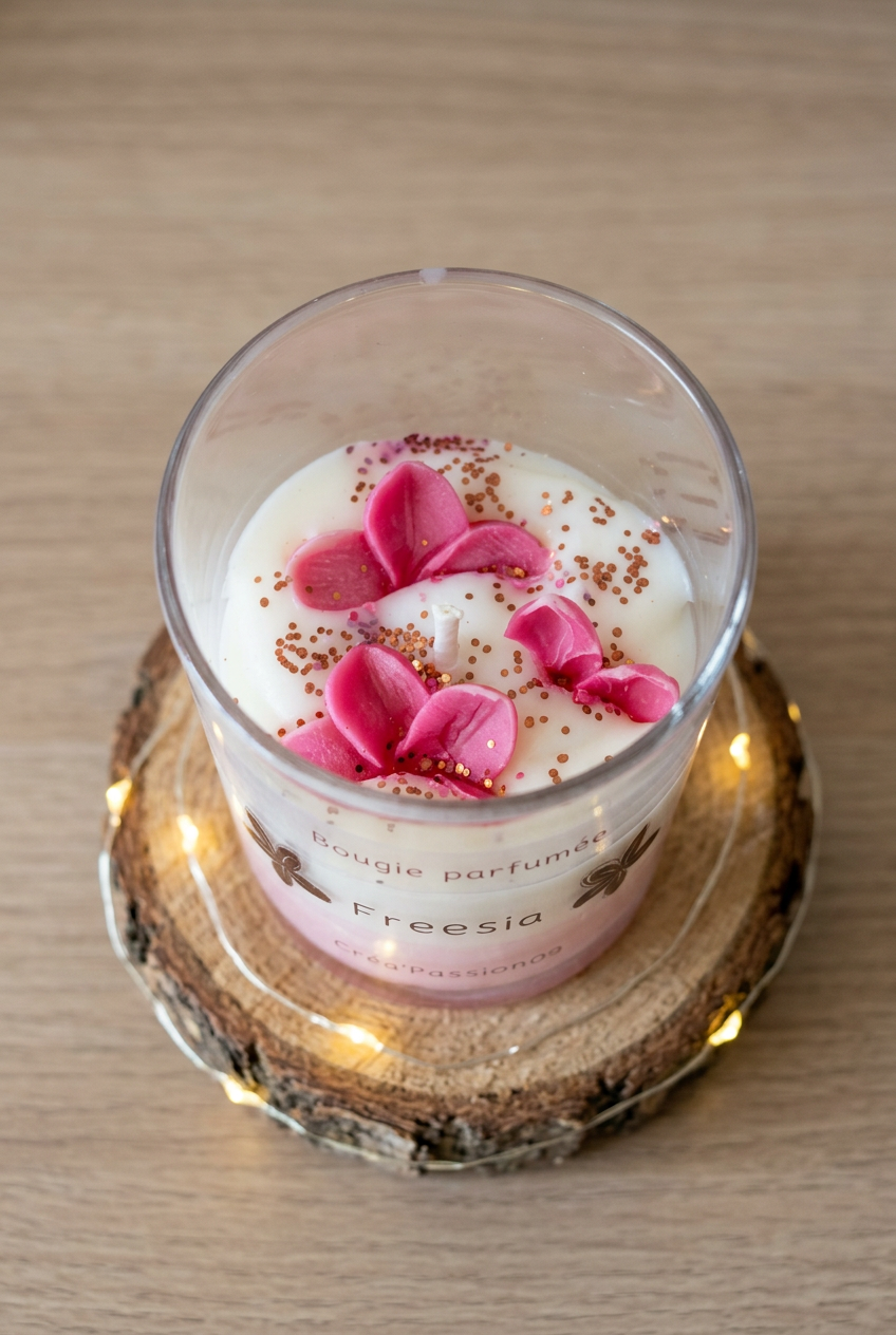  Bougie Freesia vue de dessus, avec trois fleurs roses et des paillettes cuivrées sur la cire blanche, mèche éteinte.