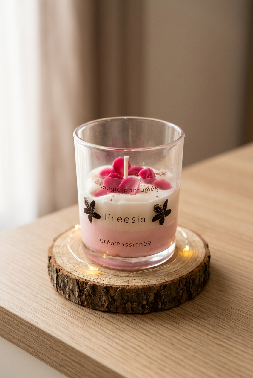 Bougie parfumée Freesia en verre, cire blanche et rose ornée de fleurs roses, posée sur un rondin avec une guirlande lumineuse.