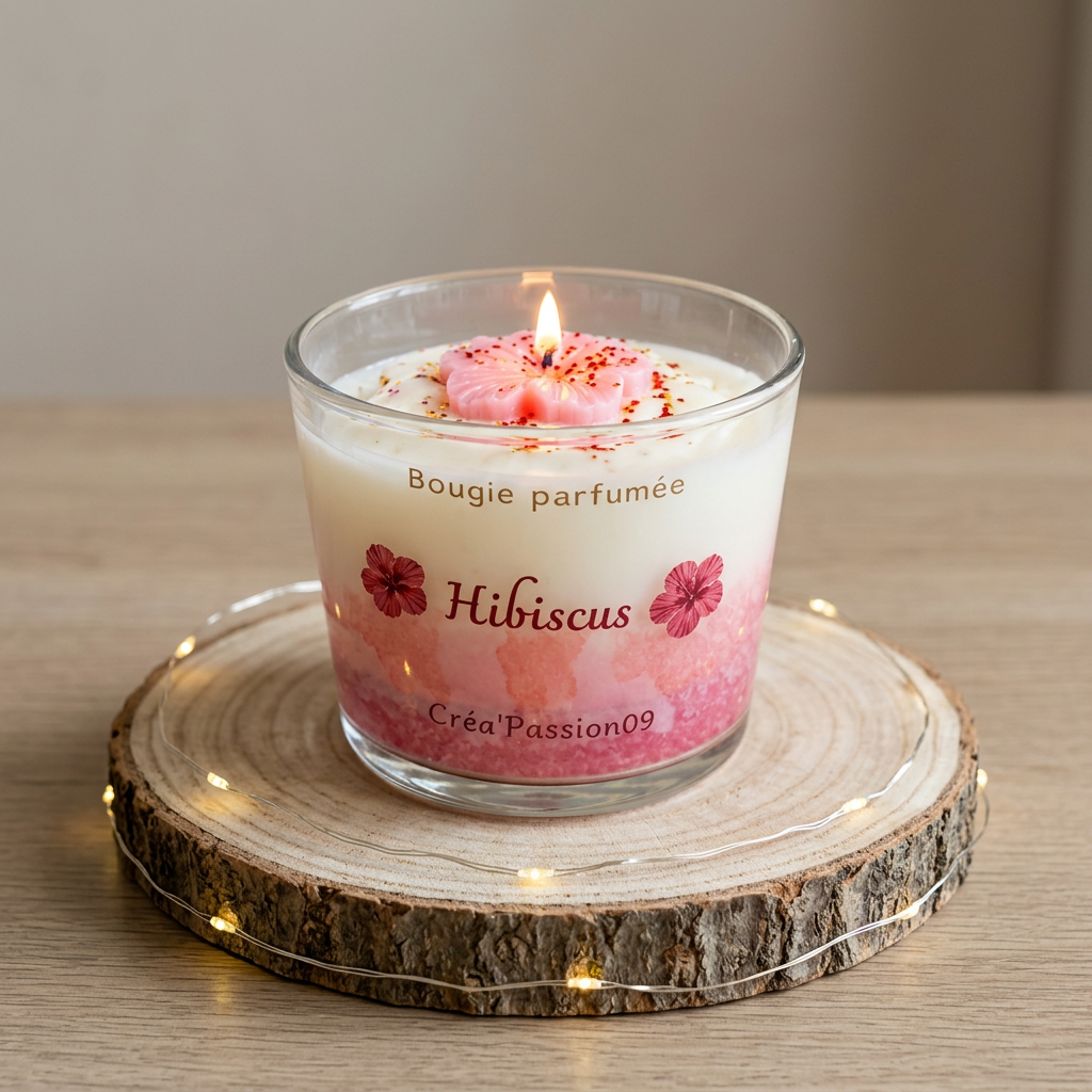  Bougie Hibiscus allumée, à la cire rose et blanche surmontée d’une fleur rose, sur un rondin entouré d’une petite guirlande lumineuse.