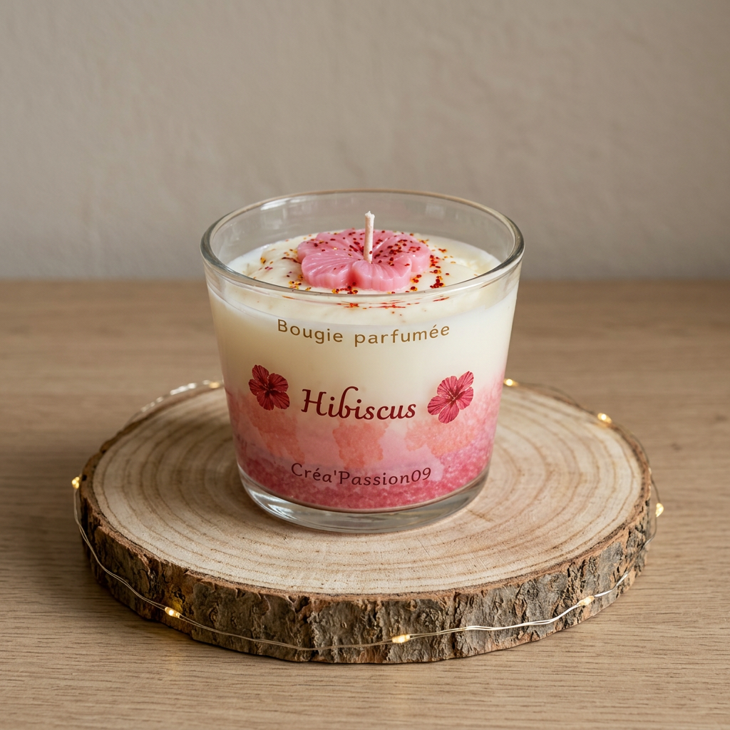  Bougie parfumée Hibiscus rose et blanche dans un verre transparent, décorée d’une fleur rose en cire, sur un rondin avec une guirlande lumineuse.