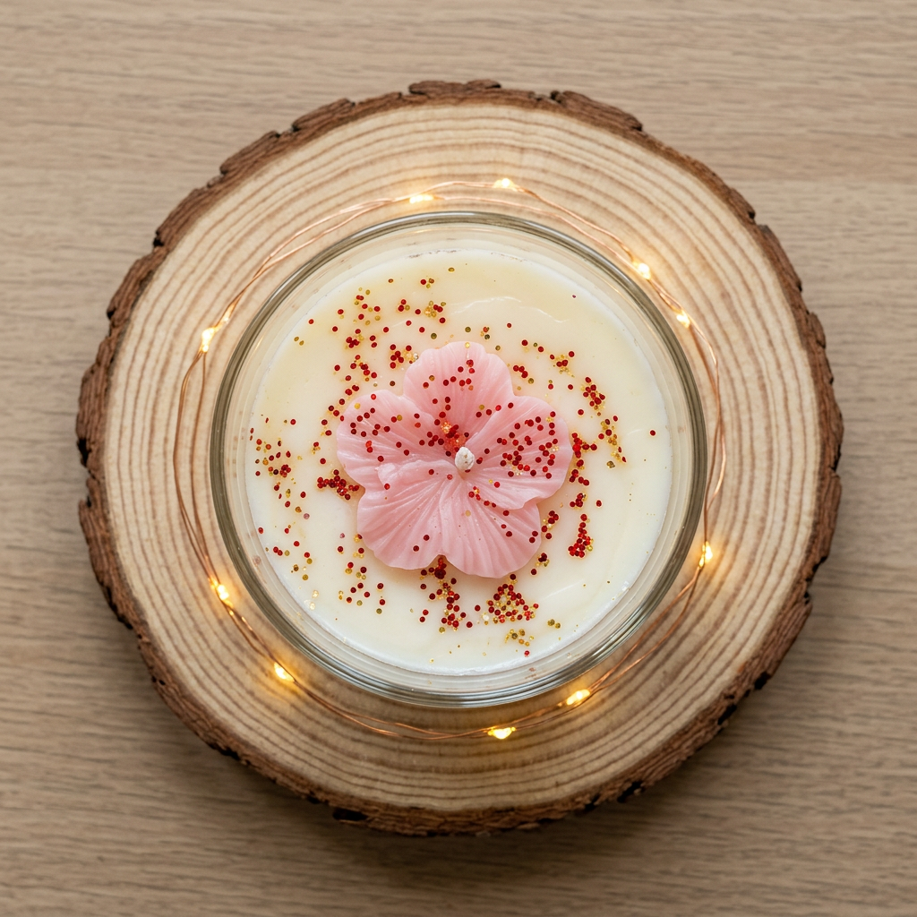 Bougie Hibiscus vue du dessus, avec une fleur rose et des paillettes rouges et dorées sur la cire blanche, sur un rondin de bois.