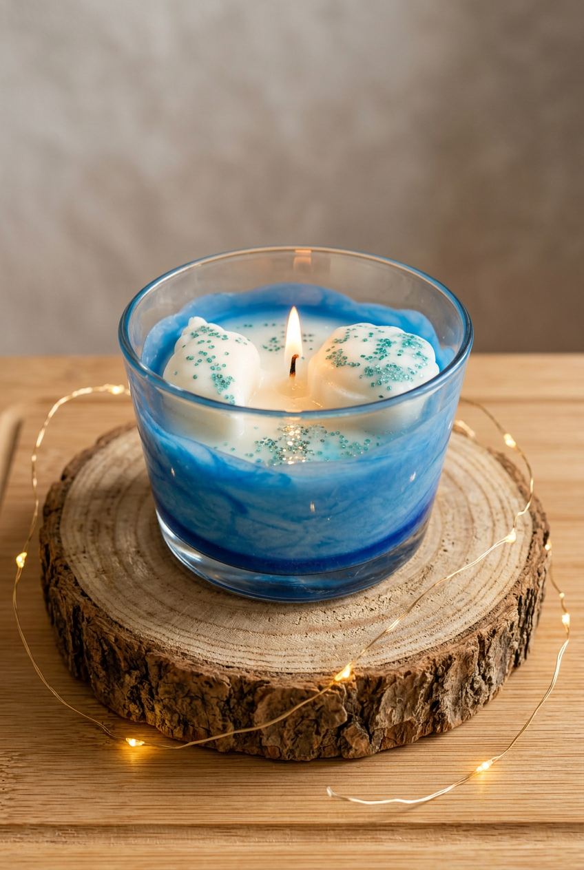 Bougie Monoï Vanille allumée, cire bleue et ivoire avec deux coquillages en cire blanche, sur un rondin avec guirlande lumineuse.