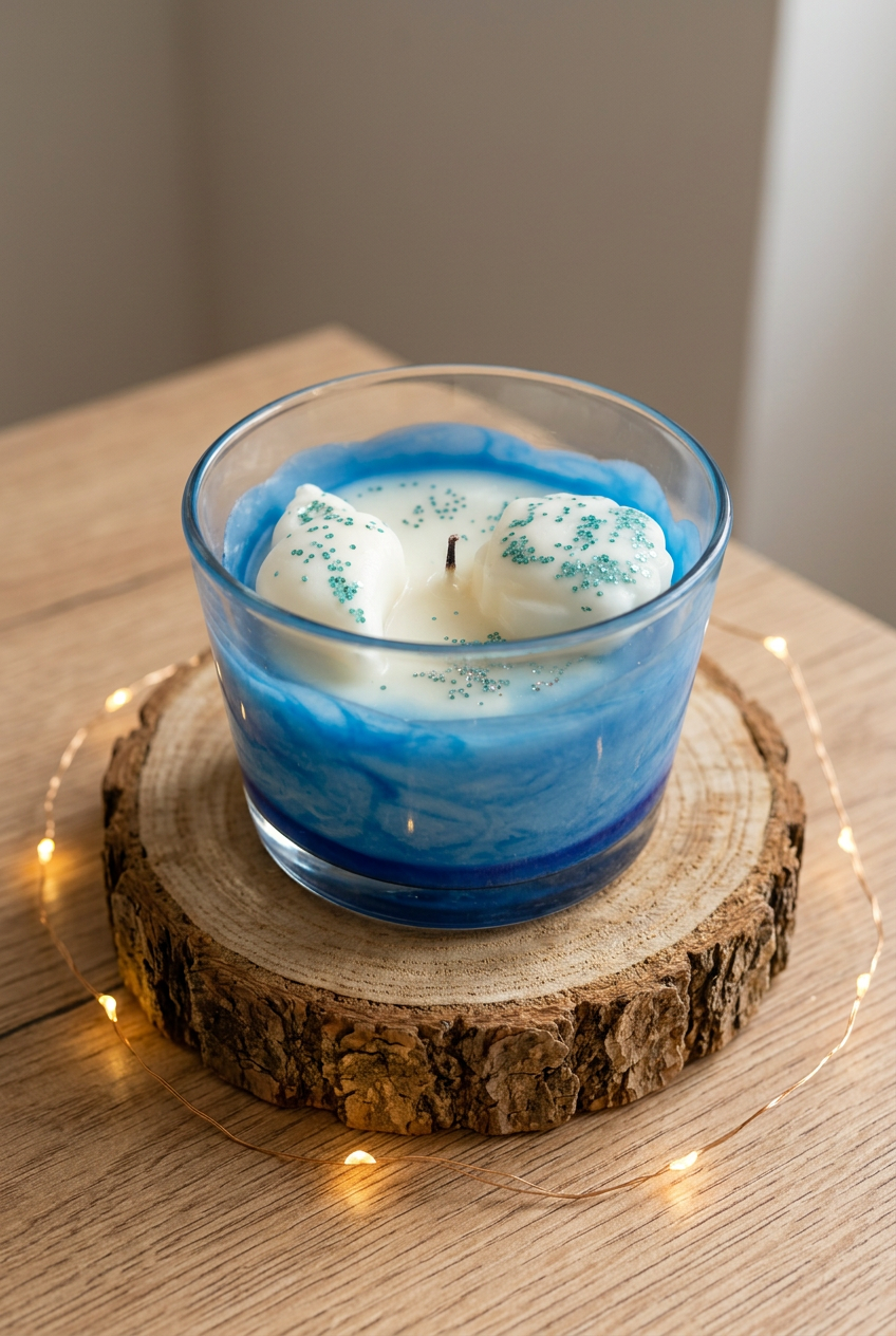 Bougie Monoï Vanille éteinte, cire bleue et ivoire décorée de deux coquillages en cire blanche, sur un rondin avec guirlande.