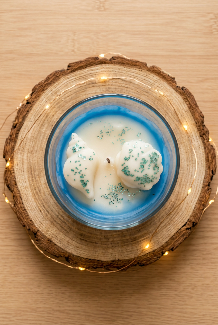 Bougie Monoï Vanille vue de dessus, deux coquillages de cire blanche aux éclats turquoise sur fond ivoire et bleu, sur un rondin.