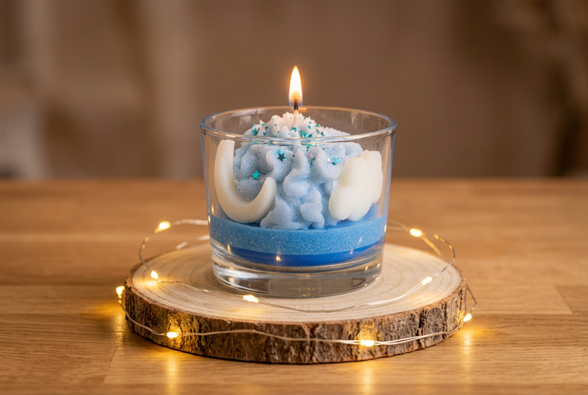 « Bougie Nuit étoilée allumée, cire bleue et décors blancs de lune et de nuage dans un verre, sur un rondin entouré d’une guirlande lumineuse. »