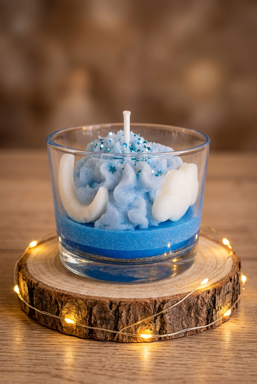  « Bougie Nuit étoilée éteinte, chantilly de cire bleu pastel et décors blancs dans un verre, sur un rondin entouré d’une guirlande allumée. »