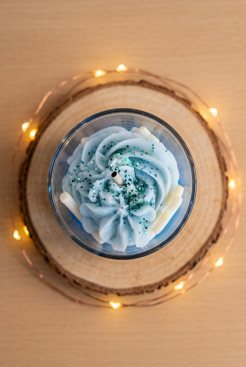  « Vue du dessus de la bougie Nuit étoilée éteinte, chantilly de cire bleu pastel parsemée de paillettes turquoise, sur un rondin avec guirlande allumée. »

