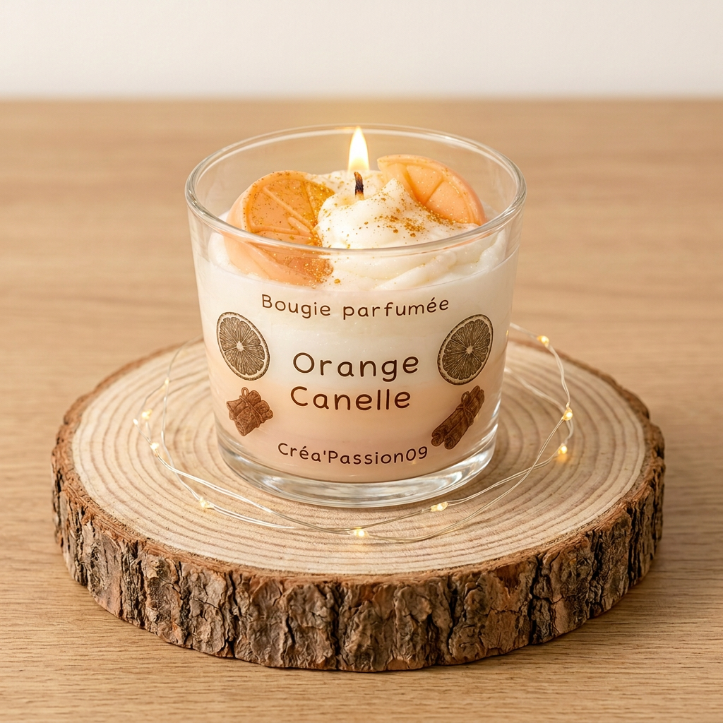 Bougie Orange Cannelle allumée sur un rondin entouré d’une guirlande lumineuse, sur un plan de travail en bois clair.