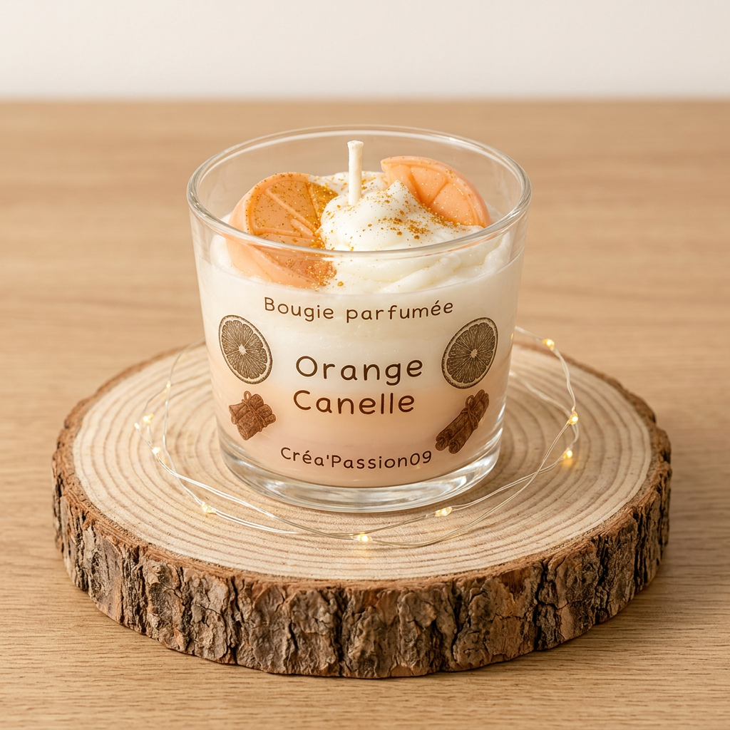 Bougie parfumée Orange Cannelle dans un verre transparent, décorée de quartiers d’orange, sur un rondin avec une guirlande lumineuse.
