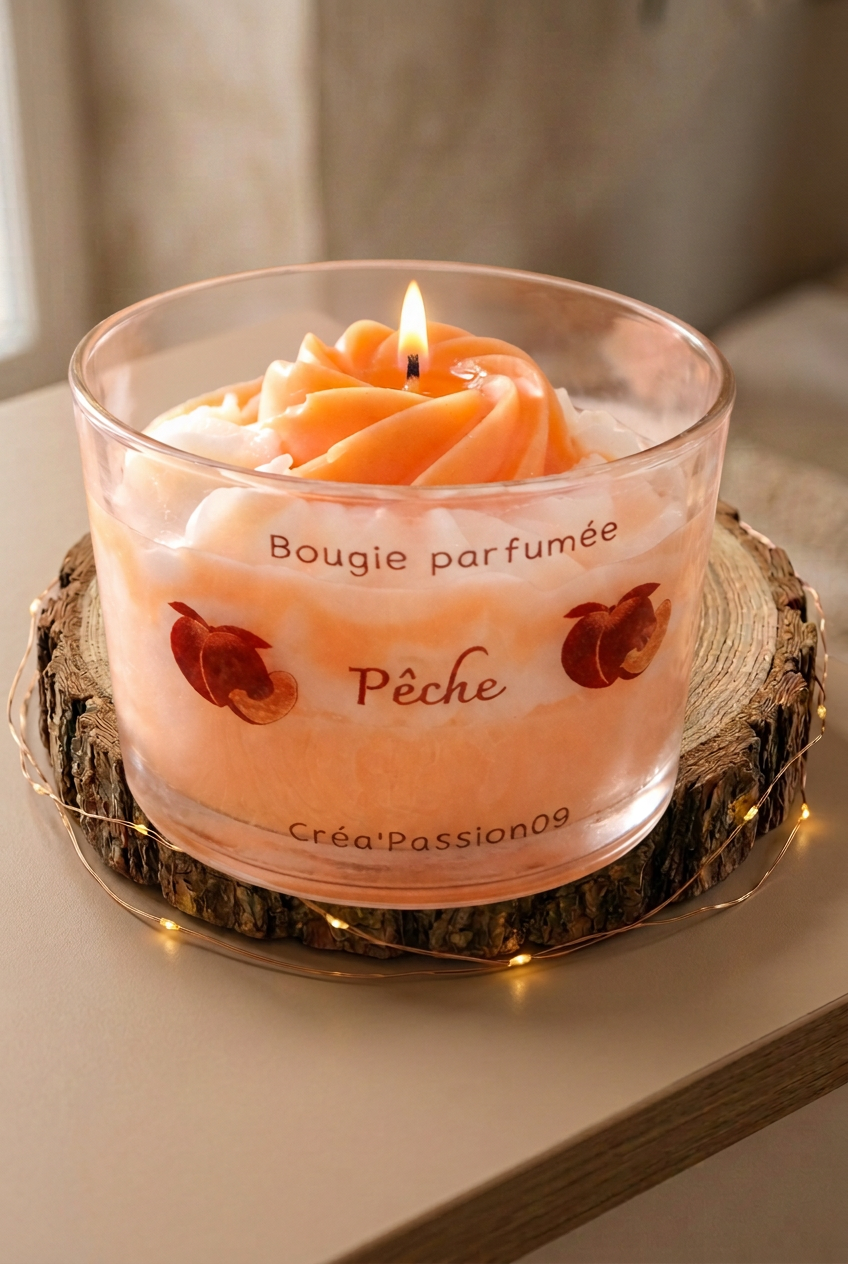  Bougie parfumée Pêche allumée en verre, cire orange et ivoire avec rosace centrale, sur un rondin entouré d’une guirlande lumineuse.