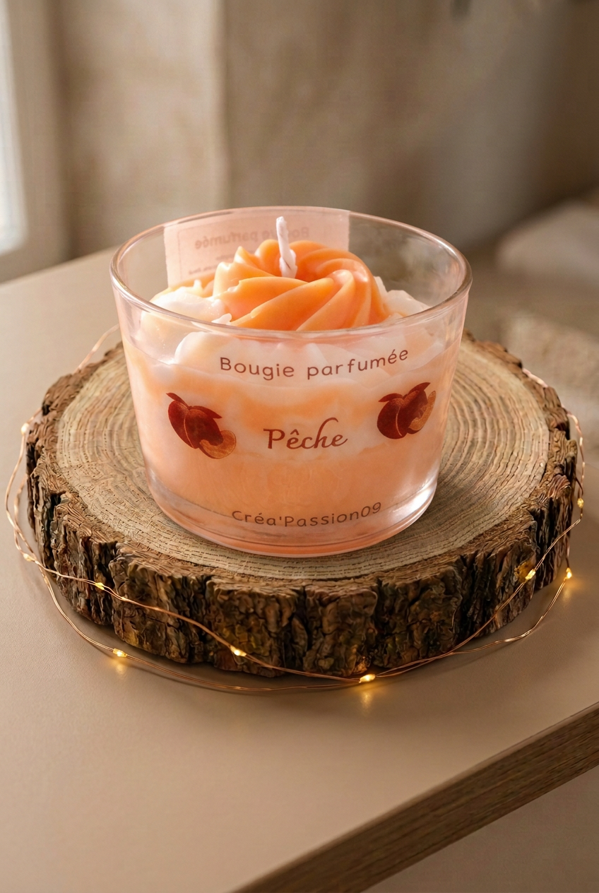  Bougie parfumée Pêche éteinte en verre, cire orange et ivoire avec rosace centrale, sur un rondin entouré d’une guirlande lumineuse.