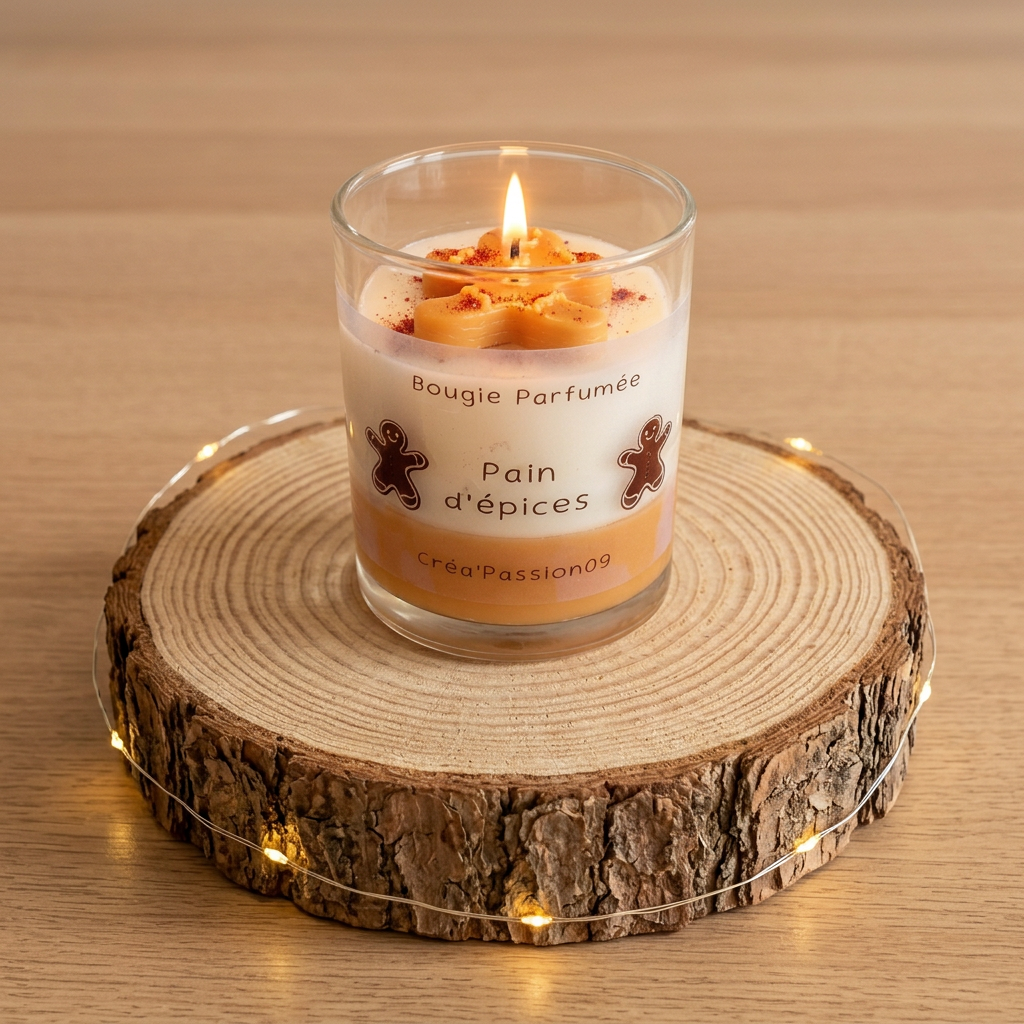 Bougie Pain d’épices allumée sur un rondin avec écorce entouré d’une guirlande lumineuse, sur un plan de travail en bois clair.